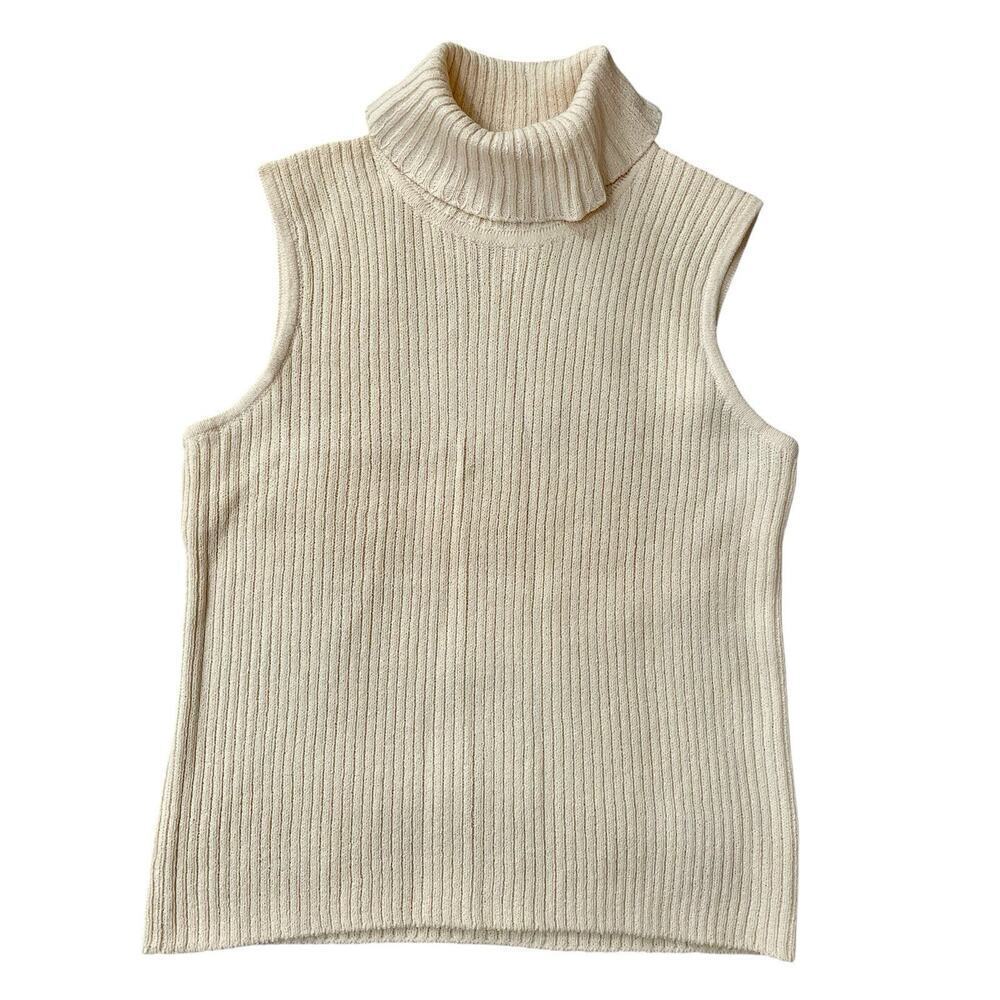 St John Sleeveless Sweater Medium Ivory Ribbed Knit Turtleneck Tank Wool…